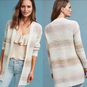 Anthropologie Numph Large Cardigan Ivory Metallic Striped Open Front Sweater